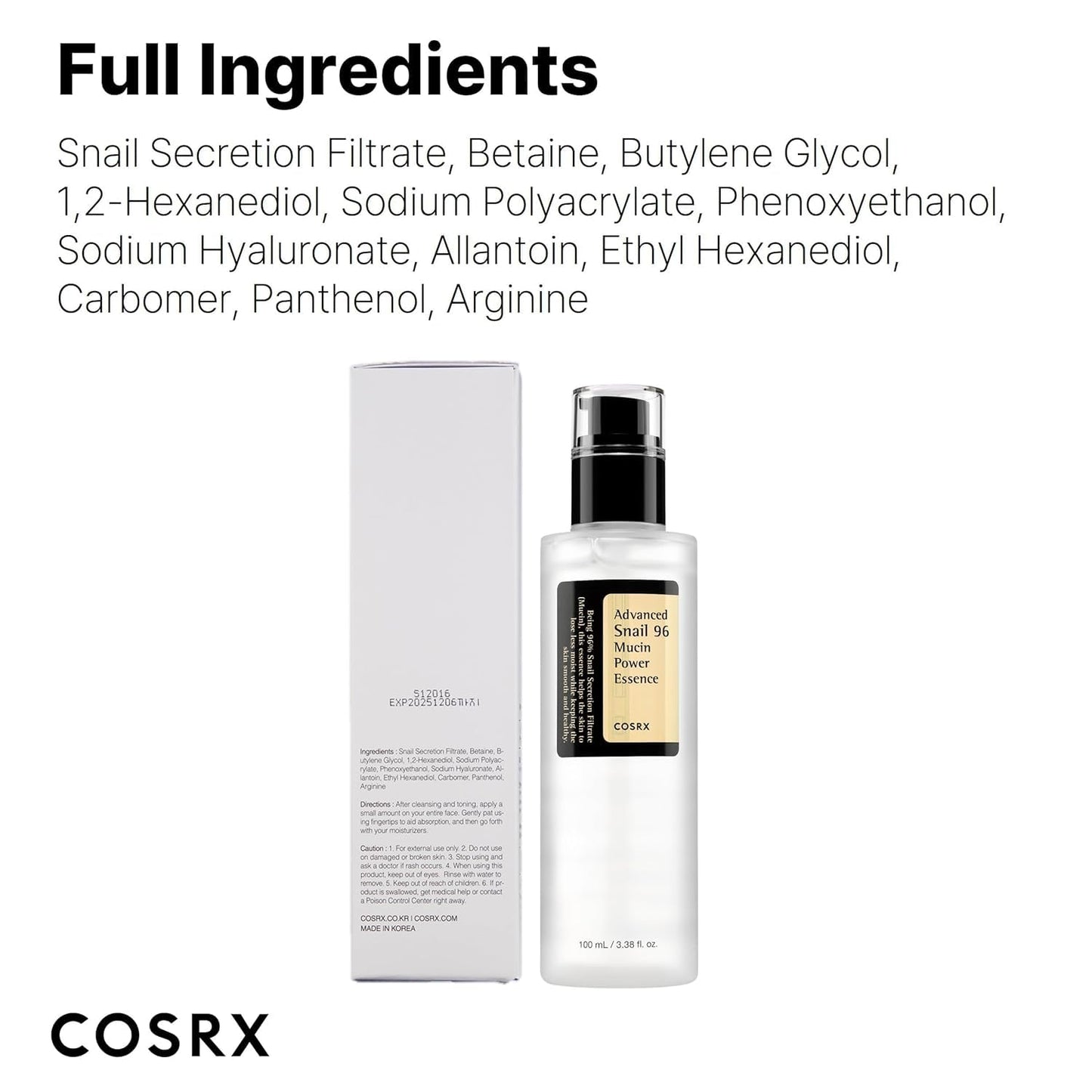 COSRX Advanced Snail 96 Mucin Power Essence – 96.3% Snail Filtrate – Lightweight Korean Serum for Hydration, Repair, Soothing & Anti-Aging – 100ml