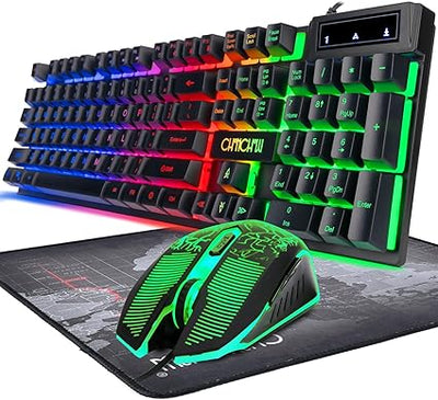 Keyboard and Mouse Gaming LED Wired Combo with Emitting Character Keyboard 4800DPI 2 Side Button USB Mouse Rainbow Backlit Mechanical Feeling Compatible with PC Raspberry Pi Mac Xbox one ps4