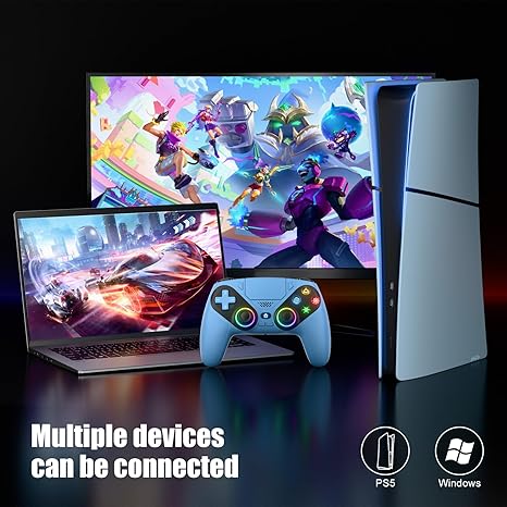 Dinosoo RGB Wireless PS5 Controller – Bluetooth Gamepad for PlayStation 5 & PC with Turbo, Macro, 6-Axis Motion, RGB Lights, Speaker – Blue