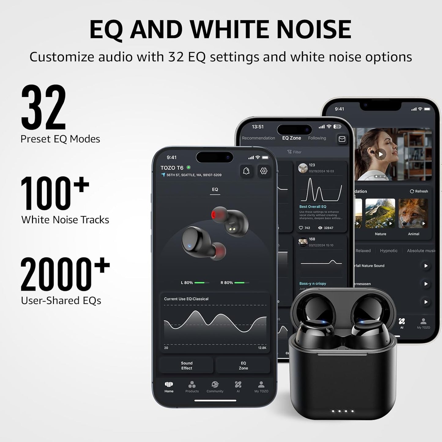 TOZO T6 Wireless Earbuds Bluetooth 5.3 - 50H Playtime, Stereo Sound, Waterproof IPX8, Wireless Charging Case, App-Controlled EQ, In-Ear Headphones