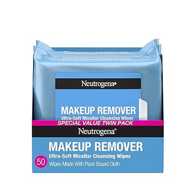 Neutrogena Micellar Makeup Remover Wipes โ Twin Pack (2 x 25 ct) โ 100% Plant-Based, Alcohol-Free Face Towelettes โ Removes Waterproof Mascara & Oil โ Dermatologist-Tested