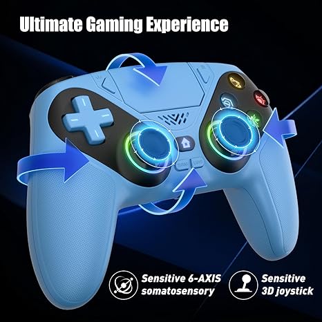 Dinosoo RGB Wireless PS5 Controller – Bluetooth Gamepad for PlayStation 5 & PC with Turbo, Macro, 6-Axis Motion, RGB Lights, Speaker – Blue