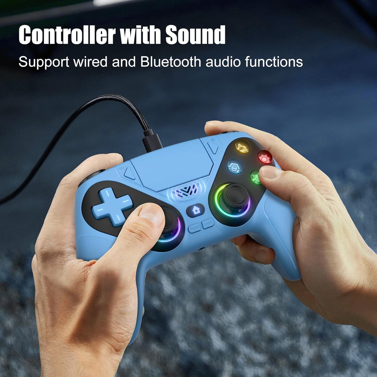 Dinosoo RGB Wireless PS5 Controller – Bluetooth Gamepad for PlayStation 5 & PC with Turbo, Macro, 6-Axis Motion, RGB Lights, Speaker – Blue