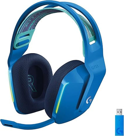 Logitech G733 Lightspeed Wireless Gaming Headset, Suspension Headband, Lightsync RGB, Blue VO!CE Mic, PRO-G Audio โ Blue, Gaming Headset Wireless, PC, PS5, PS4, Switch Compatible