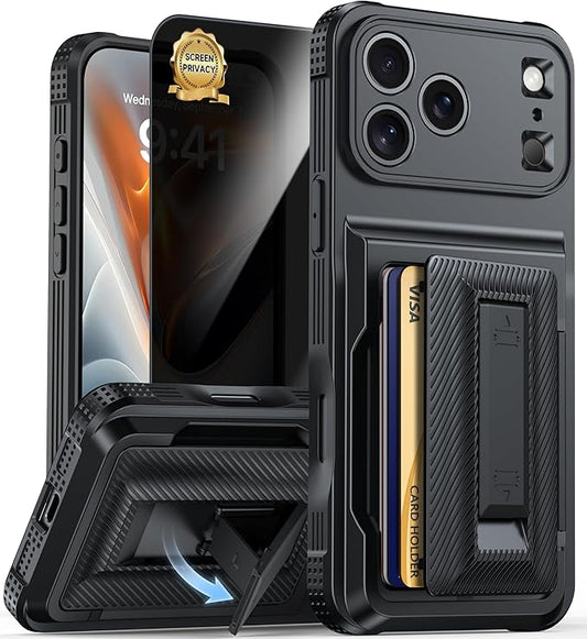 iPhone 17 Pro Max Wallet Case with Card Holder (4–5 Cards), RFID Blocking, Invisible Kickstand, Full Camera & Screen Protection + Privacy Screen Protector, Shockproof Military Drop Protection