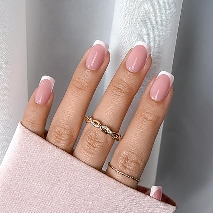 BTArtboxnails XCOATTIPS French Tip Nails - Short Press On Nails, 160 Pcs Pink Square Soft Gel Nail Tips Pre-applied Tip Primer & Base Coat, No Need File False Nails for Gift, 16 Sizes