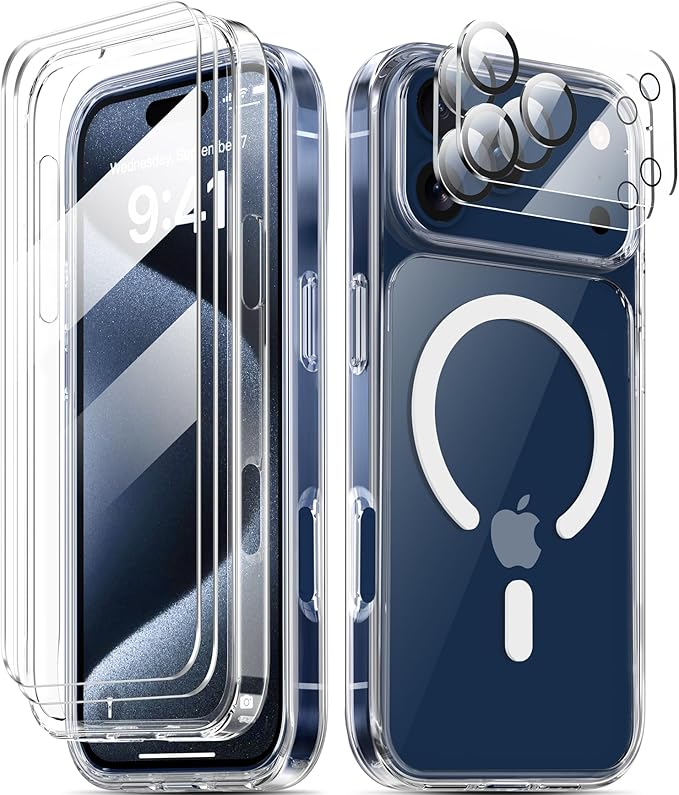 COOLQO Magnetic Clear Case for iPhone 17 Pro Max, MagSafe Compatible, Non-Yellowing TPU+PC, 17-FT Military Drop Protection, Screen & Camera Lens Protectors