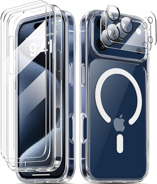 COOLQO Magnetic Clear Case for iPhone 17 Pro Max, MagSafe Compatible, Non-Yellowing TPU+PC, 17-FT Military Drop Protection, Screen & Camera Lens Protectors