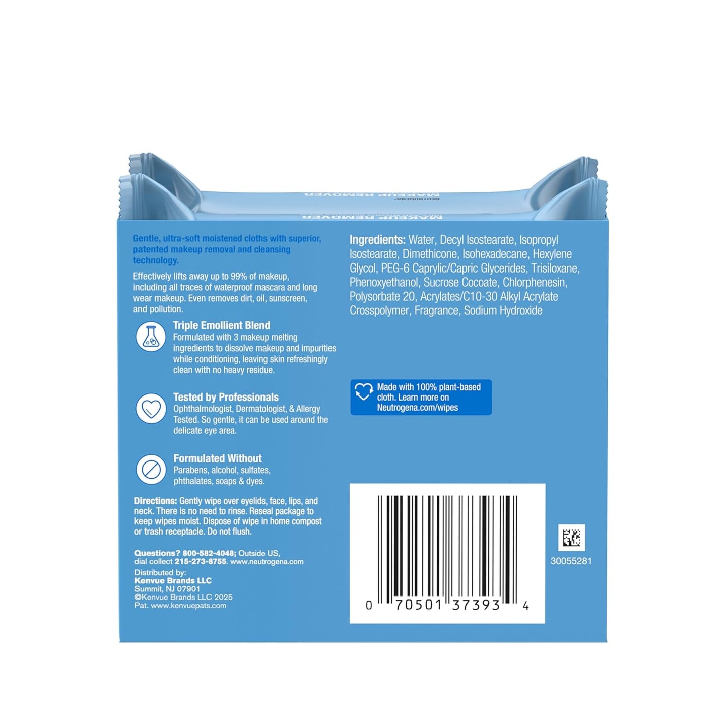 Neutrogena Micellar Makeup Remover Wipes – Twin Pack (2 x 25 ct) – 100% Plant-Based Cloth – Alcohol-Free Face Towelettes Remove Waterproof Mascara & Oil – Dermatologist Tested