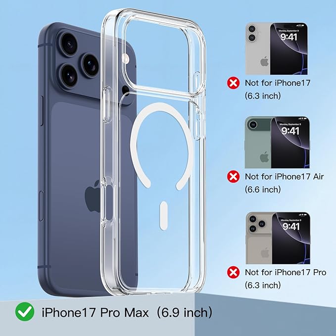 COOLQO Magnetic Clear Case for iPhone 17 Pro Max, MagSafe Compatible, Non-Yellowing TPU+PC, 17-FT Military Drop Protection, Screen & Camera Lens Protectors