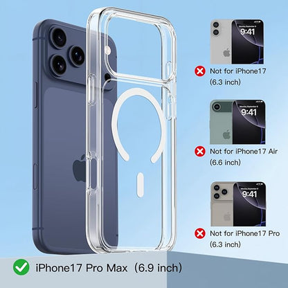 COOLQO Magnetic Clear Case for iPhone 17 Pro Max, MagSafe Compatible, Non-Yellowing TPU+PC, 17-FT Military Drop Protection, Screen & Camera Lens Protectors