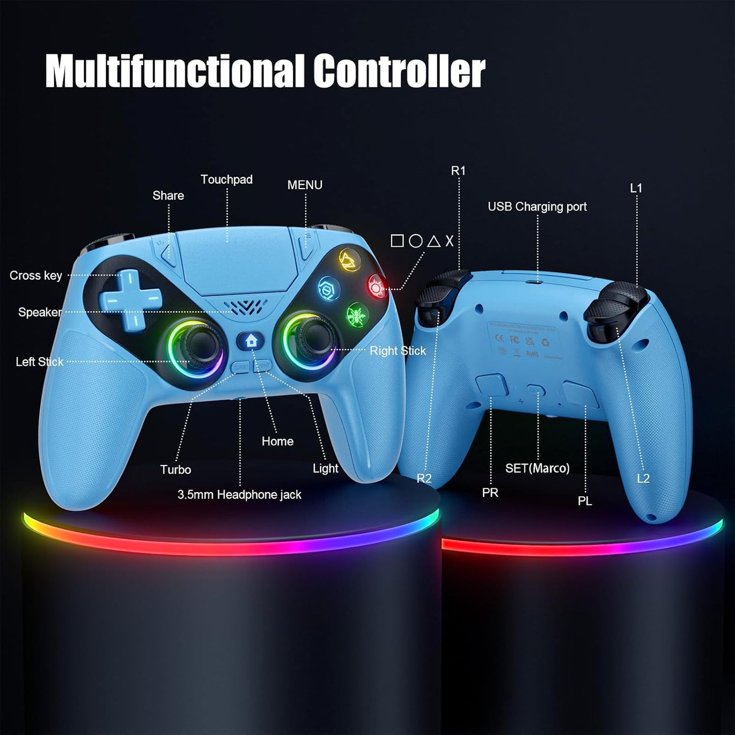 Dinosoo RGB Wireless PS5 Controller – Bluetooth Gamepad for PlayStation 5 & PC with Turbo, Macro, 6-Axis Motion, RGB Lights, Speaker – Blue