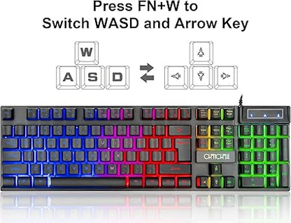Keyboard and Mouse Gaming LED Wired Combo with Emitting Character Keyboard 4800DPI 2 Side Button USB Mouse Rainbow Backlit Mechanical Feeling Compatible with PC Raspberry Pi Mac Xbox one ps4