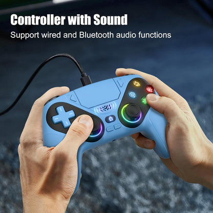 Dinosoo RGB Wireless PS5 Controller – Bluetooth Gamepad for PlayStation 5 & PC with Turbo, Macro, 6-Axis Motion, RGB Lights, Speaker – Blue