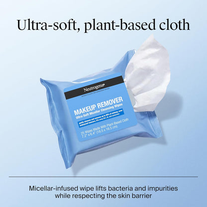 Neutrogena Micellar Makeup Remover Wipes – Twin Pack (2 x 25 ct) – 100% Plant-Based, Alcohol-Free Face Towelettes – Removes Waterproof Mascara & Oil – Dermatologist-Tested