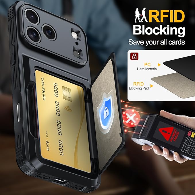 iPhone 17 Pro Max Wallet Case with Card Holder (4–5 Cards), RFID Blocking, Invisible Kickstand, Full Camera & Screen Protection + Privacy Screen Protector, Shockproof Military Drop Protection