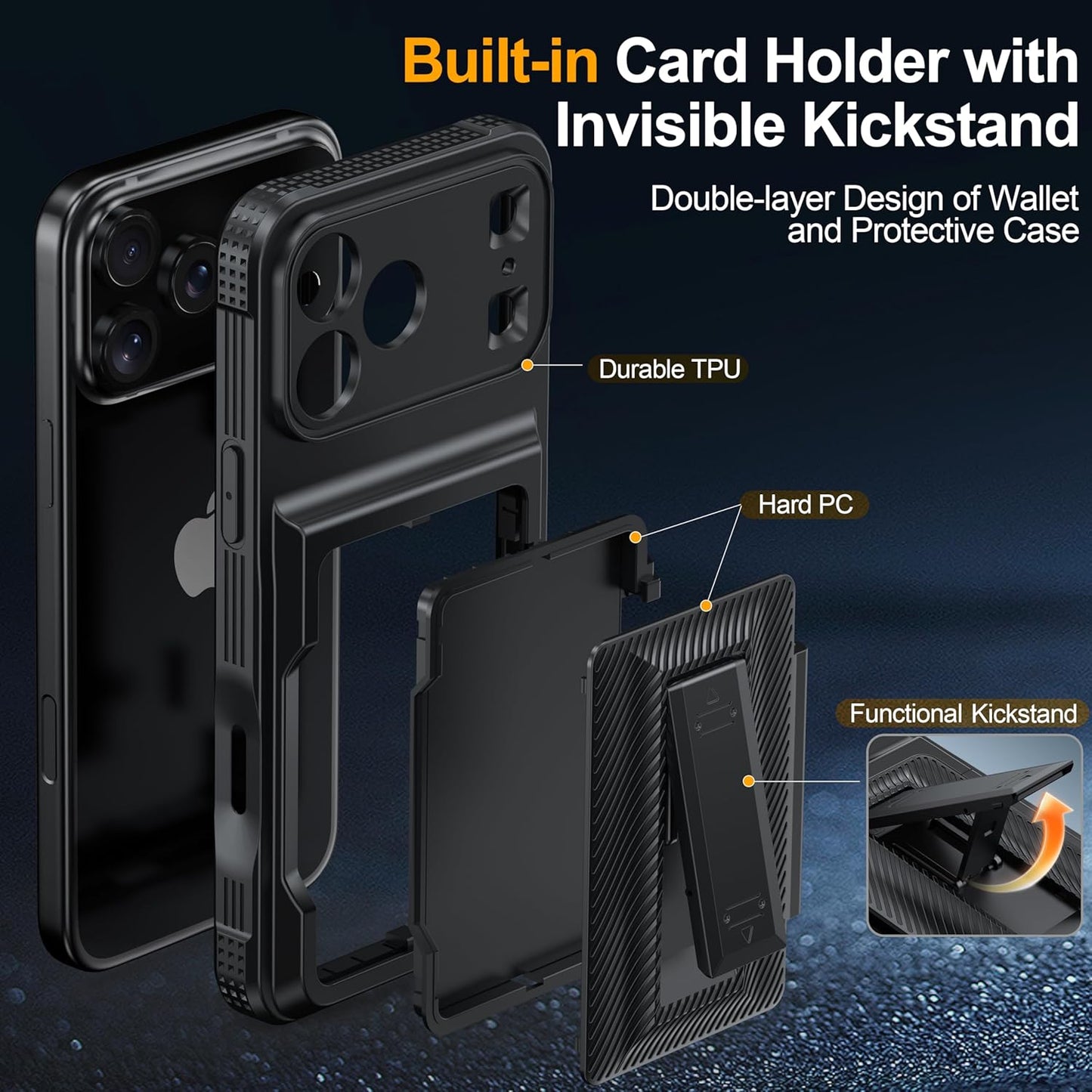iPhone 17 Pro Max Wallet Case with Card Holder (4–5 Cards), RFID Blocking, Invisible Kickstand, Full Camera & Screen Protection + Privacy Screen Protector, Shockproof Military Drop Protection