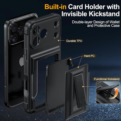 iPhone 17 Pro Max Wallet Case with Card Holder (4–5 Cards), RFID Blocking, Invisible Kickstand, Full Camera & Screen Protection + Privacy Screen Protector, Shockproof Military Drop Protection